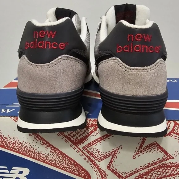 New, Sz-12 NEW BALANCE 574 BLACK / RED & GREY / RED - Picture 3 of 5